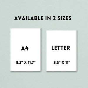 Może przedstawiać: Dwie białe karty z czarnym tekstem pokazujące dostępne rozmiary do wydruku. Lewa karta zawiera napis "A4" i "8,3" x 11,7". Prawa karta zawiera napis "LETTER" i "8,5" x 11".