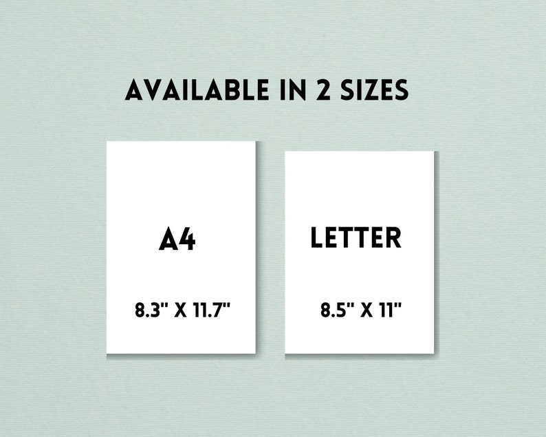 Może przedstawiać: Dwie białe karty z czarnym tekstem pokazujące dostępne rozmiary do wydruku. Lewa karta zawiera napis "A4" i "8,3" x 11,7". Prawa karta zawiera napis "LETTER" i "8,5" x 11".