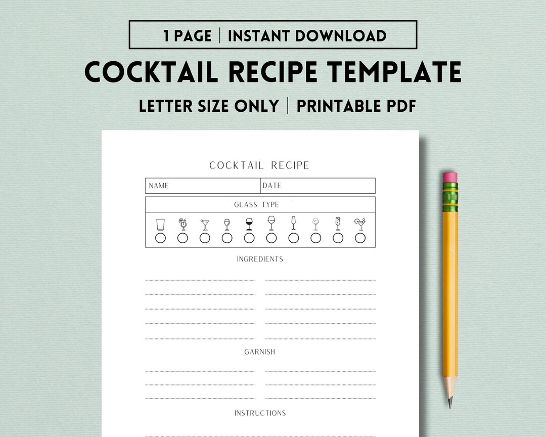 Cocktail Recipe Printable Bartender Recipe Template Cocktail Etsy