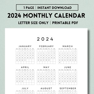 2024 Yearly Calendar One Sheet Printable, New Year Calendar, Year at a ...
