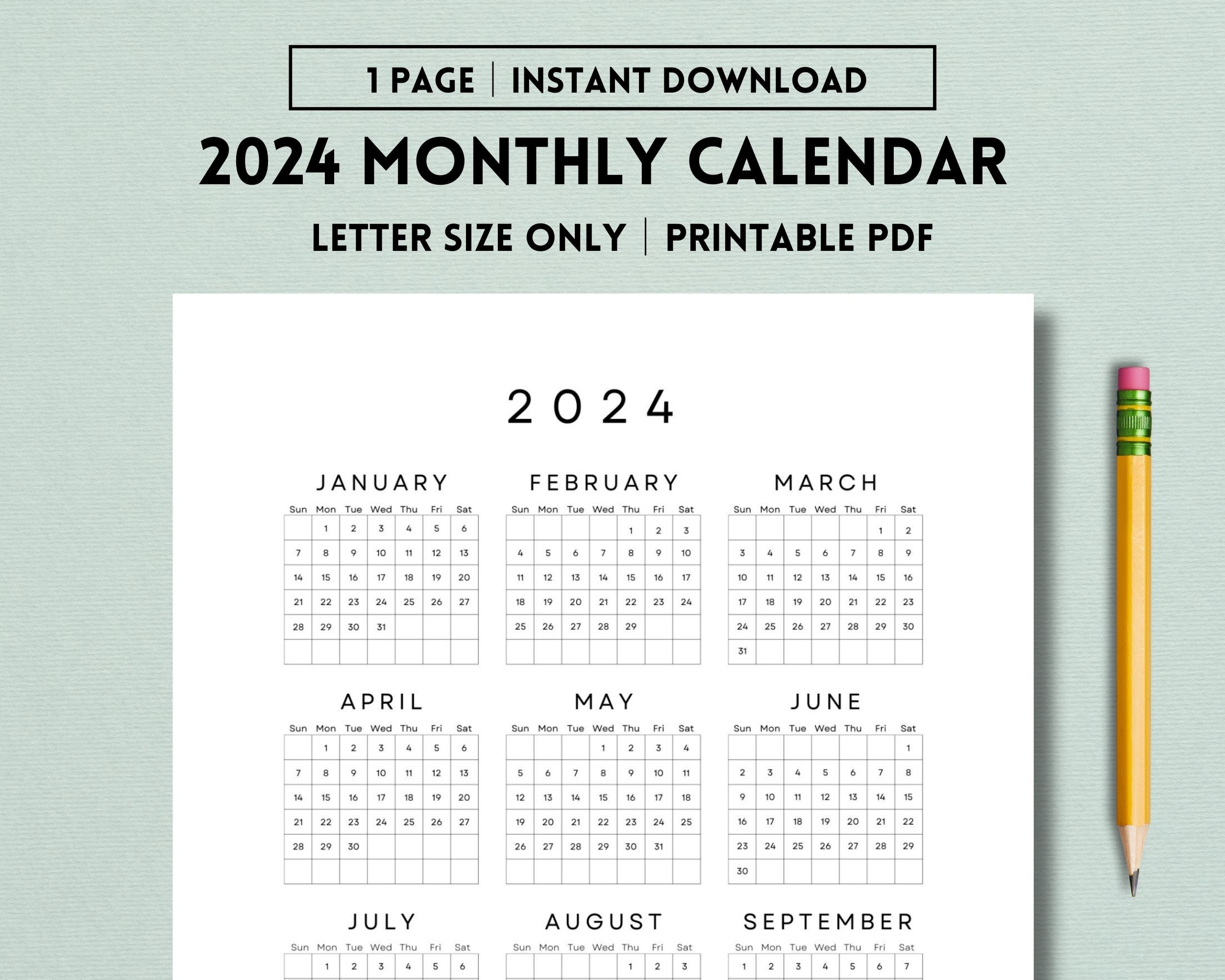 2024 Yearly Calendar One Sheet Printable, New Year Calendar, Year at a ...