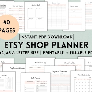 Puede incluir: Un planificador de tienda Etsy imprimible de 40 páginas, que incluye secciones para el público objetivo, objetivos trimestrales, seguimiento de pedidos, seguimiento de ingresos, seguimiento de anuncios, revisión de la tienda, seguimiento de ventas, etiquetas de productos, plan de nuevos listados, investigación de palabras clave, planificador de Pinterest, tabla de tareas, cupones y promociones, planificador diario y un calendario mensual. El planificador está disponible en tamaños A4, A5 y carta.