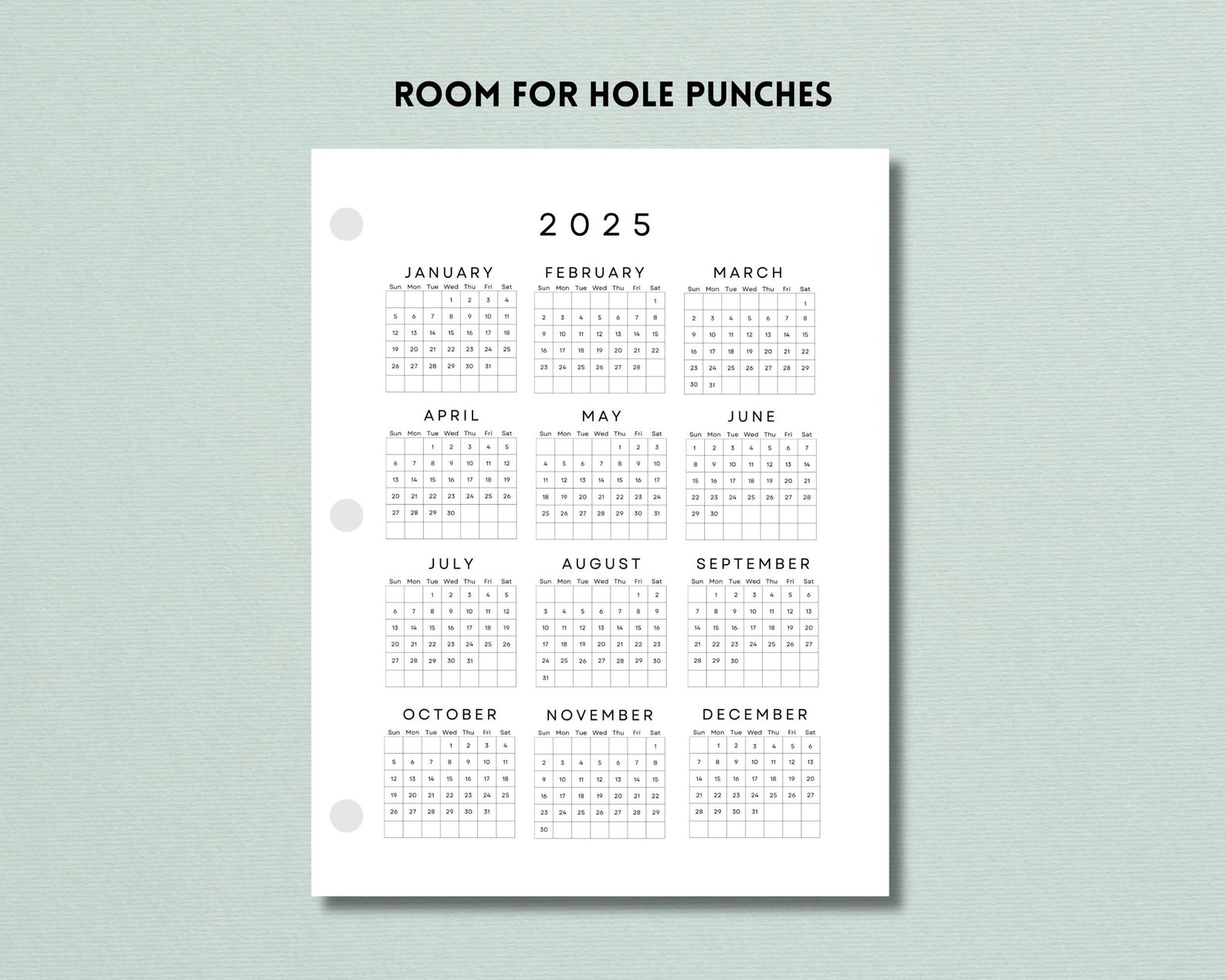 2025 Yearly Calendar One Sheet Printable, Year at a Glance, 2025 Desk