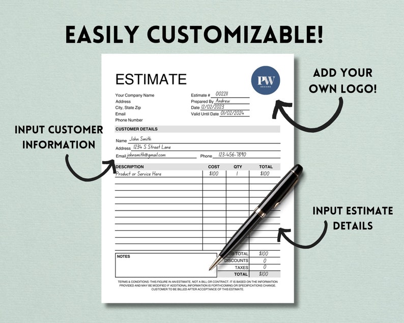Job Estimate Printable Template, Business Quote Form, Contractor ...