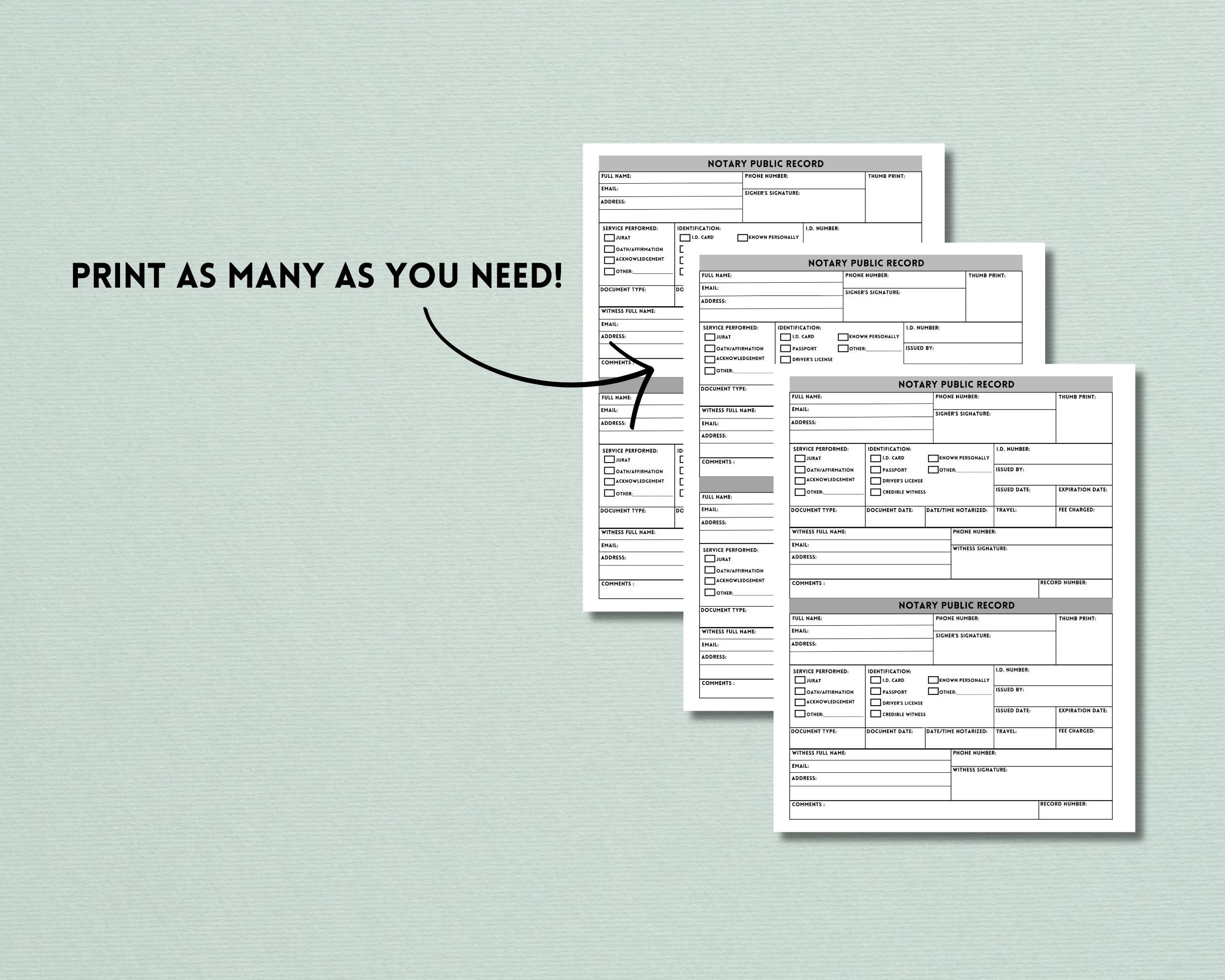 Notary Log Printable, Notary Public Record, Notary Journal, Notary Book