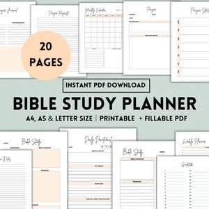 May include: A printable Bible study planner with 20 pages. The planner includes sections for prayer, daily devotionals, weekly planning, and sermon notes. The planner is available in A4, A5, and letter size.