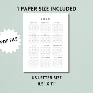 2025 Yearly Calendar One Sheet Printable, Year at a Glance, 2025 Desk ...