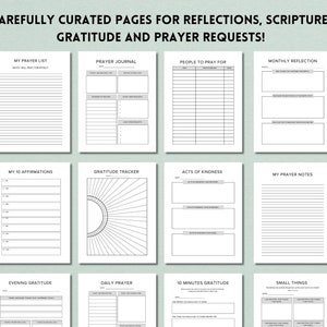 May include: A printable digital planner with pages for prayer requests, gratitude, affirmations, and reflection. The pages are black and white with a minimalist design.