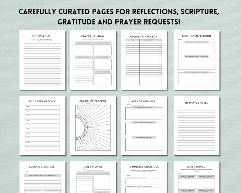 May include: A printable digital planner with pages for prayer requests, gratitude, affirmations, and reflection. The pages are black and white with a minimalist design.
