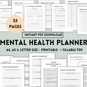 May include: A printable mental health planner with 53 pages. The planner includes worksheets for anxiety, self-esteem, worry exploration, thought logs, and more. The planner is available in A4, A5, and letter size.