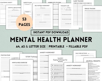 Mental Health Planner Printable Bundle, Anxiety Journal, CBT Worksheets, DBT Journal, Stress Relief, Self-Care Planner, Journal Prompts, PDF