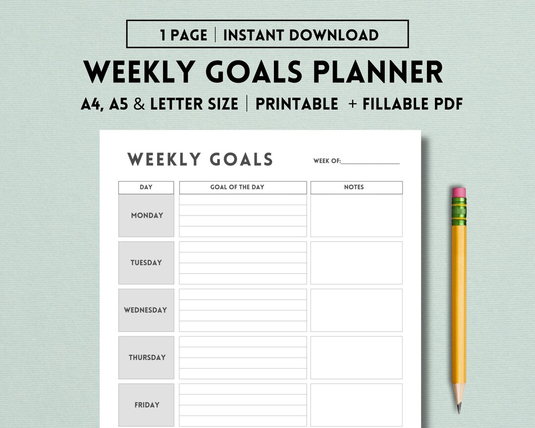 Weekly Goals Planner Printable Weekly Planner Minimalist Weekly