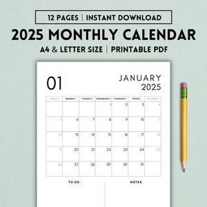 2025 Monthly Calendar Printable, 2025 Planner, 2025 Desk Calendar, 2025 Wall Calendar, Vertical Calendar, Minimalist, Instant Download