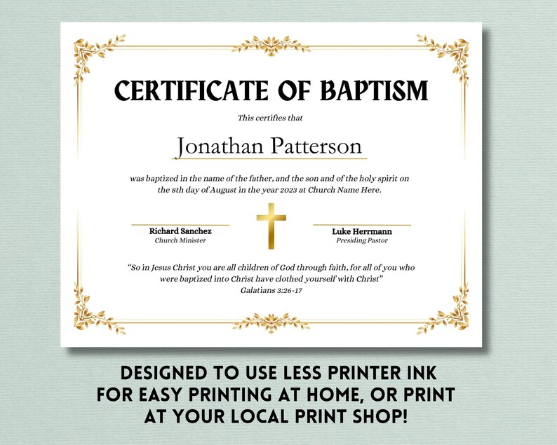 Baptism Certificate Editable Template, Printable Baptism Certificate