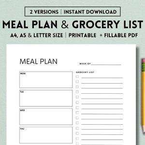 Planificateur de repas hebdomadaire et modèle imprimable de liste de courses, planificateur de nourriture, plan de menus de 7 jours, planificateur de ménage, format A4/A5/Lettre, téléchargement numérique PDF