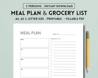Weekly Meal Planner and Grocery List Printable Template, Food Planner, 7 Day Menu Plan, Household Planner, A4/A5/Letter Digital Download PDF