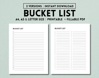 Bucket List Printable Template, Bucket Journal Book, Life Goals, Travel Bucket List, To-Do Planner, Instant Digital Download PDF