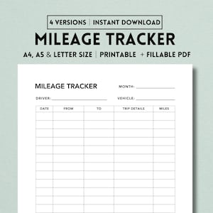 Mileage Tracker Printable, Vehicle Miles Tracker, Business Mileage Log, Driver Mileage Form, A4/A5/Letter, Instant Download PDF