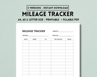 Mileage Tracker Printable, Vehicle Miles Tracker, Business Mileage Log, Driver Mileage Form, A4/A5/Letter, Instant Download PDF
