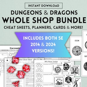 Paquete de Tienda Completa de DnD, 5.ª edición, 2024, 2014, Hoja de Trucos de DnD, Cartas de DnD, Hoja de Personaje de DnD, Dungeons and Dragons, Dungeon Master, PDF, Carta A4