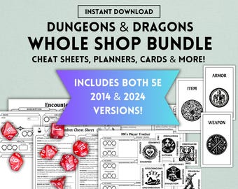 DnD Whole Shop Bundle, 5e, 2024, 2014, DnD Cheat Sheet, DnD Cards, DnD Character Sheet, Dungeons and Dragons, Dungeon Master, PDF, Letter A4