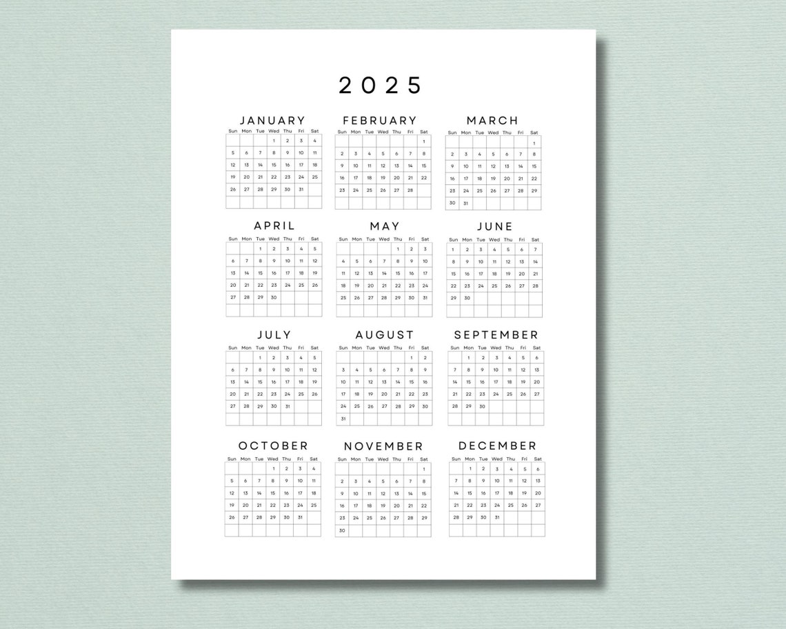 2025 Yearly Calendar One Sheet Printable, Year at a Glance, 2025 Desk
