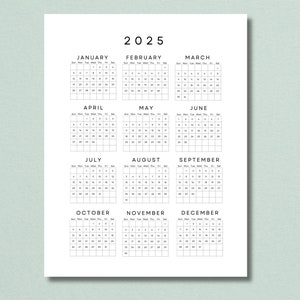2025 Yearly Calendar One Sheet Printable, Year at a Glance, 2025 Desk ...