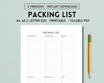 May include: A printable packing list with checkboxes for clothes, shoes, toiletries, health, important items, technology, before leaving, and other. The list is available in A4, A5, and letter sizes.
