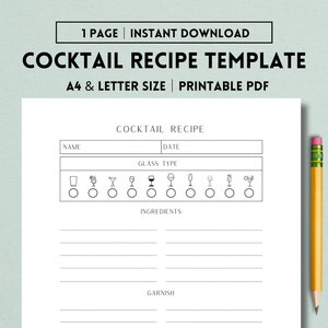 Ricetta Cocktail Stampabile, Modello Ricetta Barista Diario Cocktail, Scheda Ricetta Cocktail, Registro Ricetta Cocktail, Download Immediato PDF