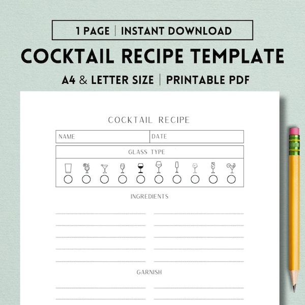 Cocktail Recipe Printable, Cocktail Journal Bartender Recipe Template, Cocktail Recipe Card, Cocktail Recipe Log, Instant Download PDF