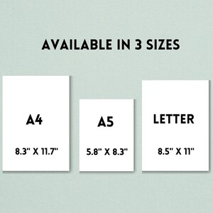 May include: Three white paper sizes with black text. A4 is 8.3 inches by 11.7 inches. A5 is 5.8 inches by 8.3 inches. Letter is 8.5 inches by 11 inches.