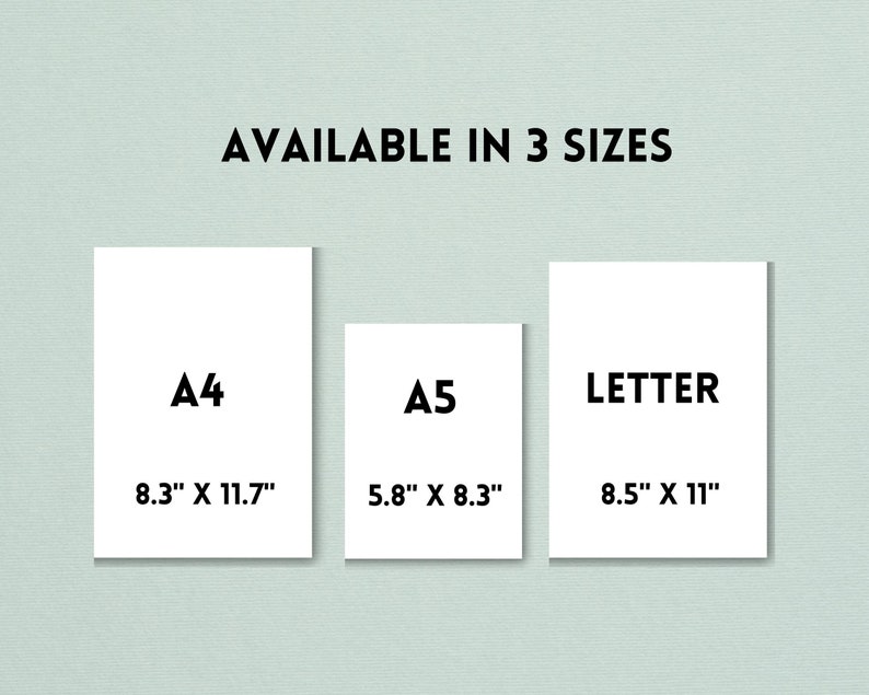 May include: Three white paper sizes with black text. A4 is 8.3 inches by 11.7 inches. A5 is 5.8 inches by 8.3 inches. Letter is 8.5 inches by 11 inches.