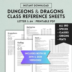 DnD Class Reference Sheets, 5e, 2014, 2024, klassen, soorten, rassen, oorsprong, Dungeons and Dragons, Dungeon Master, letter en A4, afdrukbaar