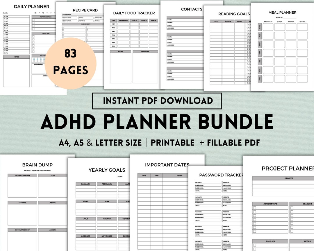ADHD Planner Bundle, Printable Template, ADHD Journal for Adults ...
