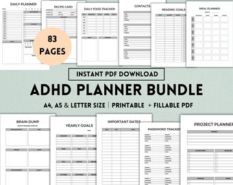 ADHD Planner Bundle, Printable Template, ADHD Journal for Adults, Productivity Planner, Minimalist Life Planner, Digital Organizer, Download