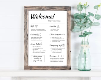 May include: A framed welcome sign for a rental property with information about wifi, contact details, house rules, check-out instructions, emergency contacts, and a review section. The sign is on a white surface with a vase of greenery in the background.