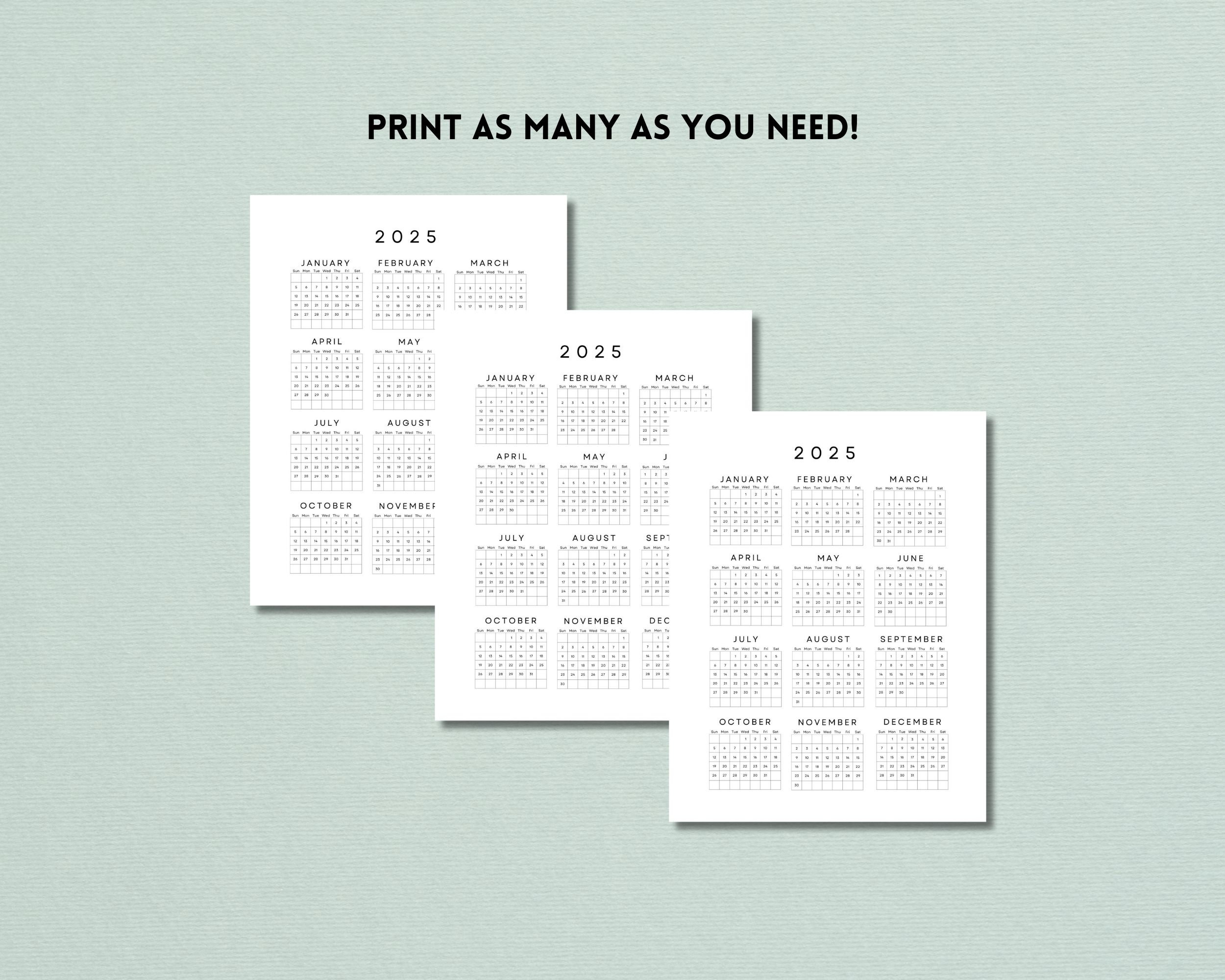 2025 Yearly Calendar One Sheet Printable, Year at a Glance, 2025 Desk