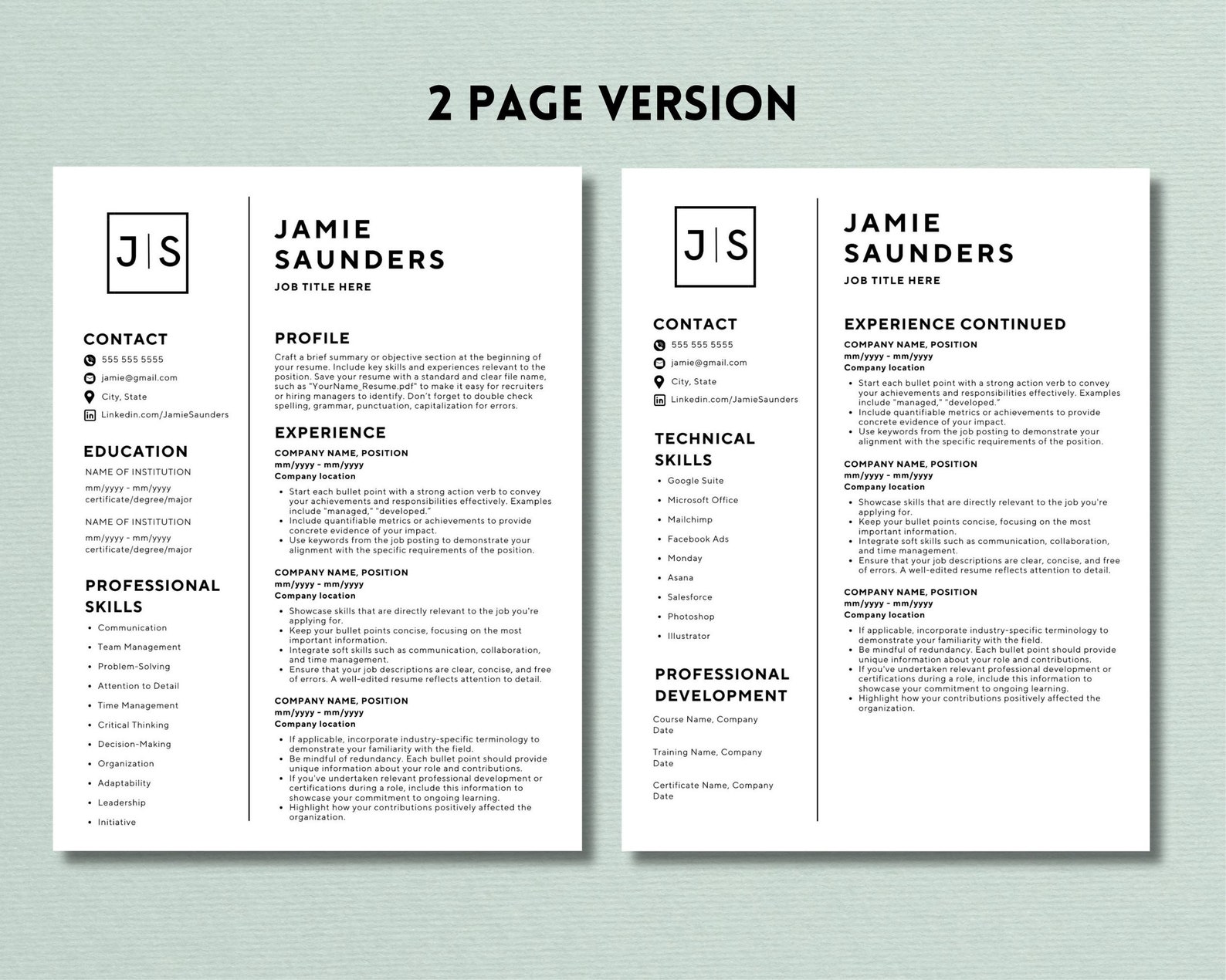 One or Two Page Resume Template CV Work Resume Job Resume Template