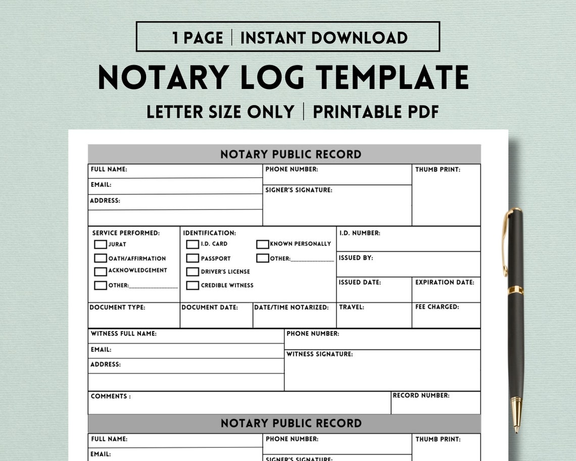 Notary Log Printable Notary Public Record Notary Journal Notary Book