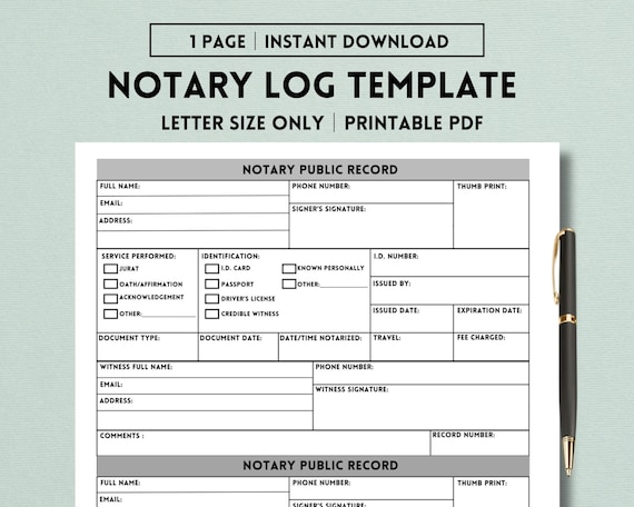 Notary Log Printable, Notary Public Record, Notary Journal