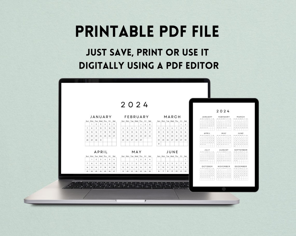 2024 Yearly Calendar One Sheet Printable, New Year Calendar, Year at a ...
