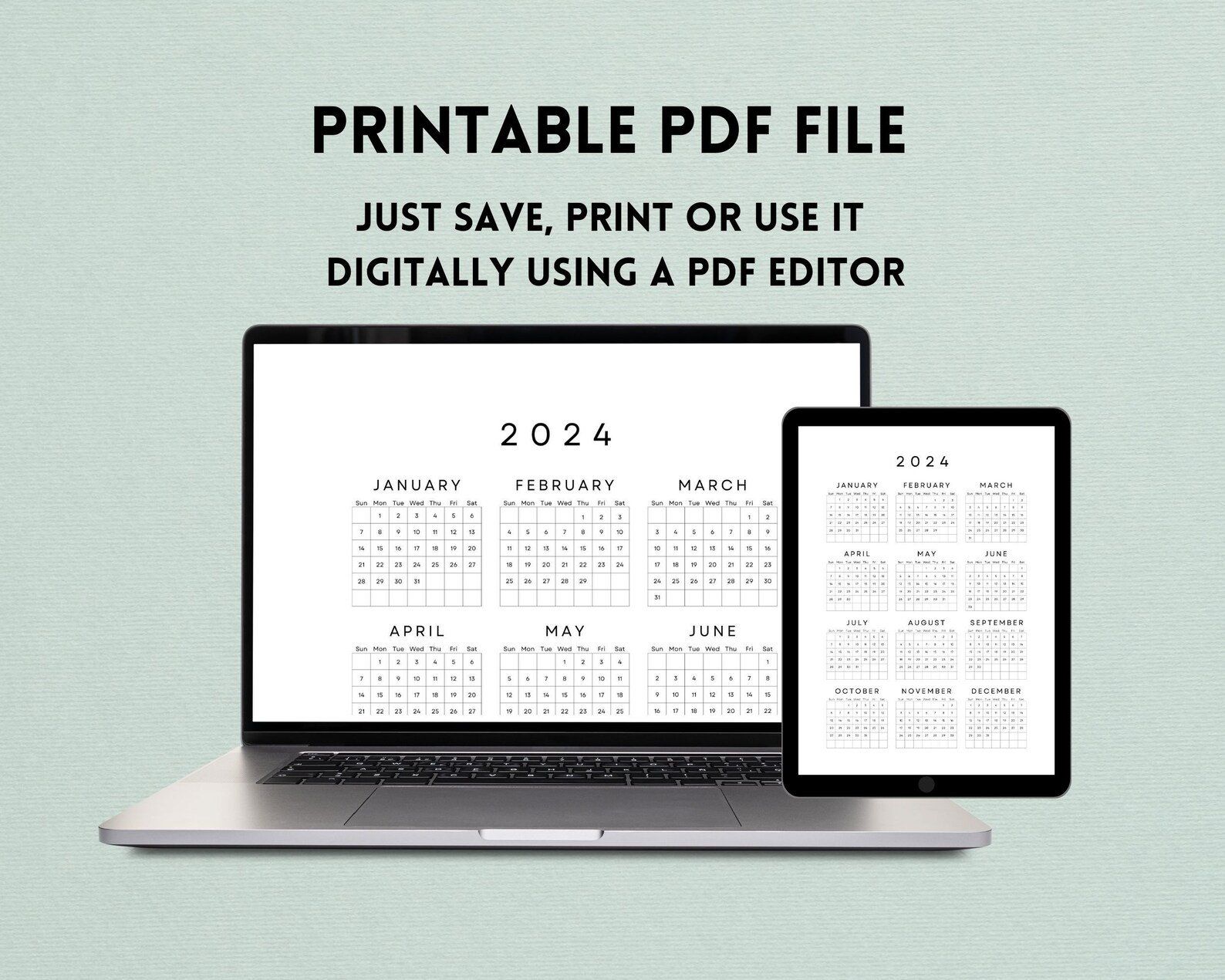 2024 Yearly Calendar One Sheet Printable, New Year Calendar, Year at a ...