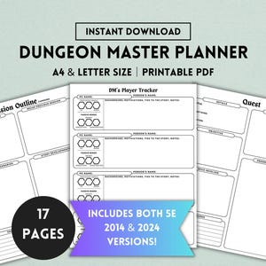 Planificador DnD, 5.ª edición, 2014, 2024, imprimible, rastreador DnD, planificador DM, cuaderno DM, plantilla de mazmorras y dragones, carta, A4, PDF digital