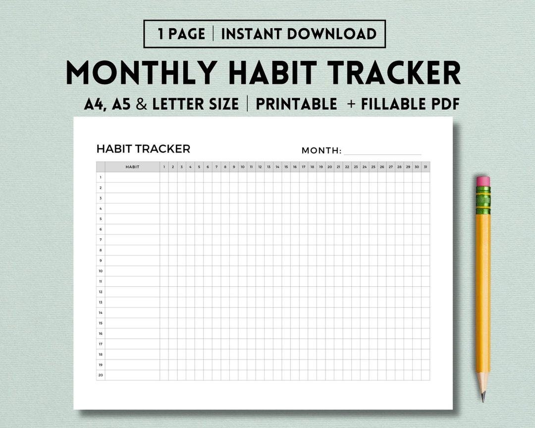 Monthly Habit Tracker Printable Landscape, Habit Tracker Template ...