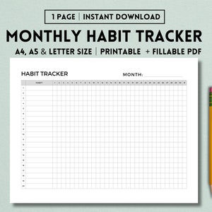 Monthly Habit Tracker Printable Landscape, Habit Tracker Template, Routine Tracker, 30 Day Habit Challenge, A4/A5/Letter, Instant Download