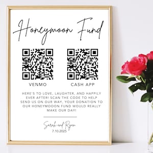 Segno del codice QR del fondo luna di miele, Download del segno della luna di miele, Venmo di nozze, Modello del segno del matrimonio Canva, Segno del codice QR, 8x10, Modello modificabile