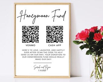 Honeymoon Fund QR Code Sign, Honeymoon Sign Download, Wedding Venmo, Canva Wedding Sign Template, QR Code Sign, 8x10, Editable Template