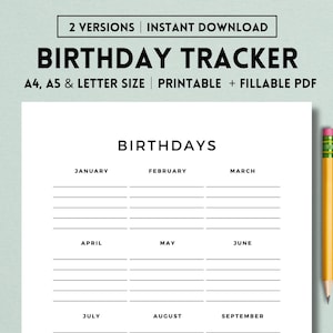 Seguimiento de cumpleaños imprimible, recordatorio de cumpleaños, calendario de cumpleaños, plantilla de lista de cumpleaños, descarga del seguimiento de cumpleaños, Goodnotes, PDF
