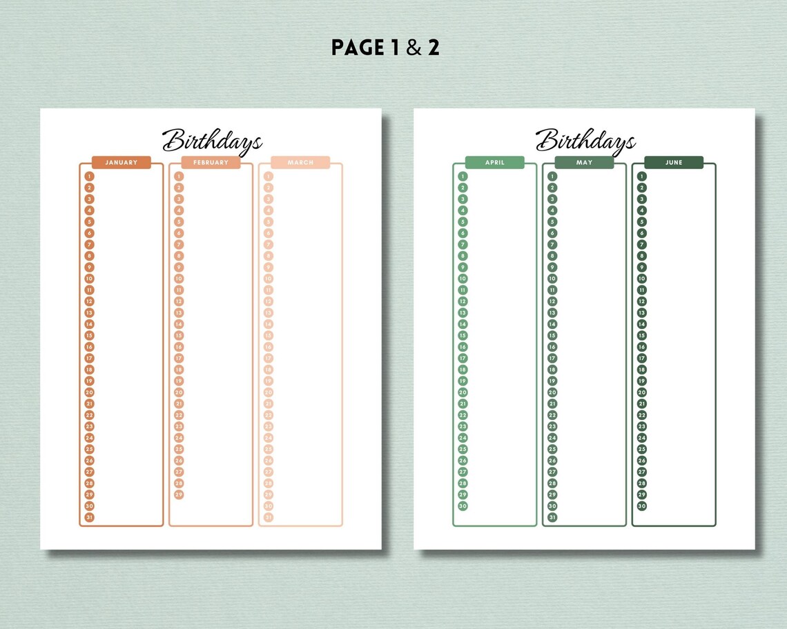 Birthday Dates Printable Template, Reminder Book, Birth Date List