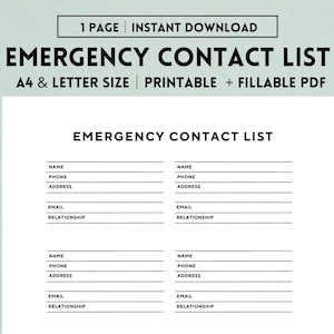 Modulo stampabile per l'elenco dei contatti di emergenza, informazioni di emergenza, scheda con le informazioni sui contatti di emergenza della babysitter, raccoglitore, kit, download digitale PDF
